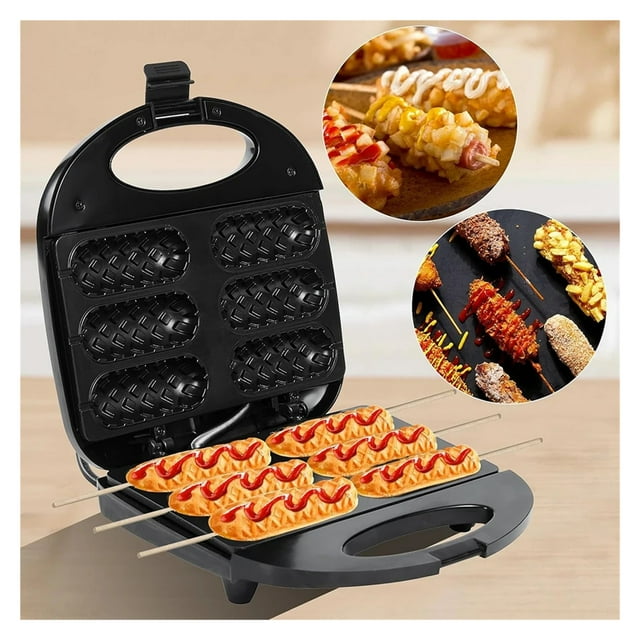 Machine à Hot-Dogs Électrique Gaufrier 6 Chiens de Maïs Antiadhésive Chauffage Double Face Saucisse, Facile à Utiliser