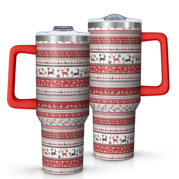 Red Christmas Folk Pattern Tumbler with Handle and Lid,40oz Double Wall Vacuum Insulated Tumbler,Cups Gift for Women and Men