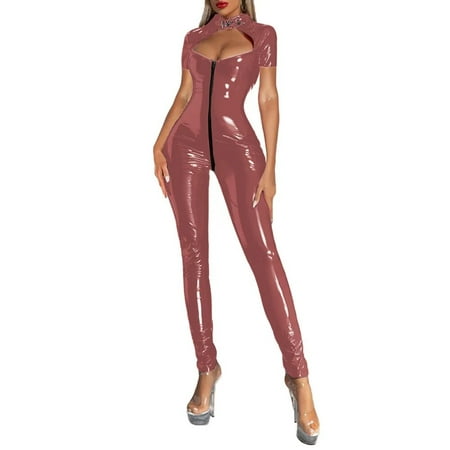 Women s Sexy Long Sleeve PVC Leather Jumpsuit Lingerie Zipper Crotch Party Bodysuit Sexy Catsuit Clubwear