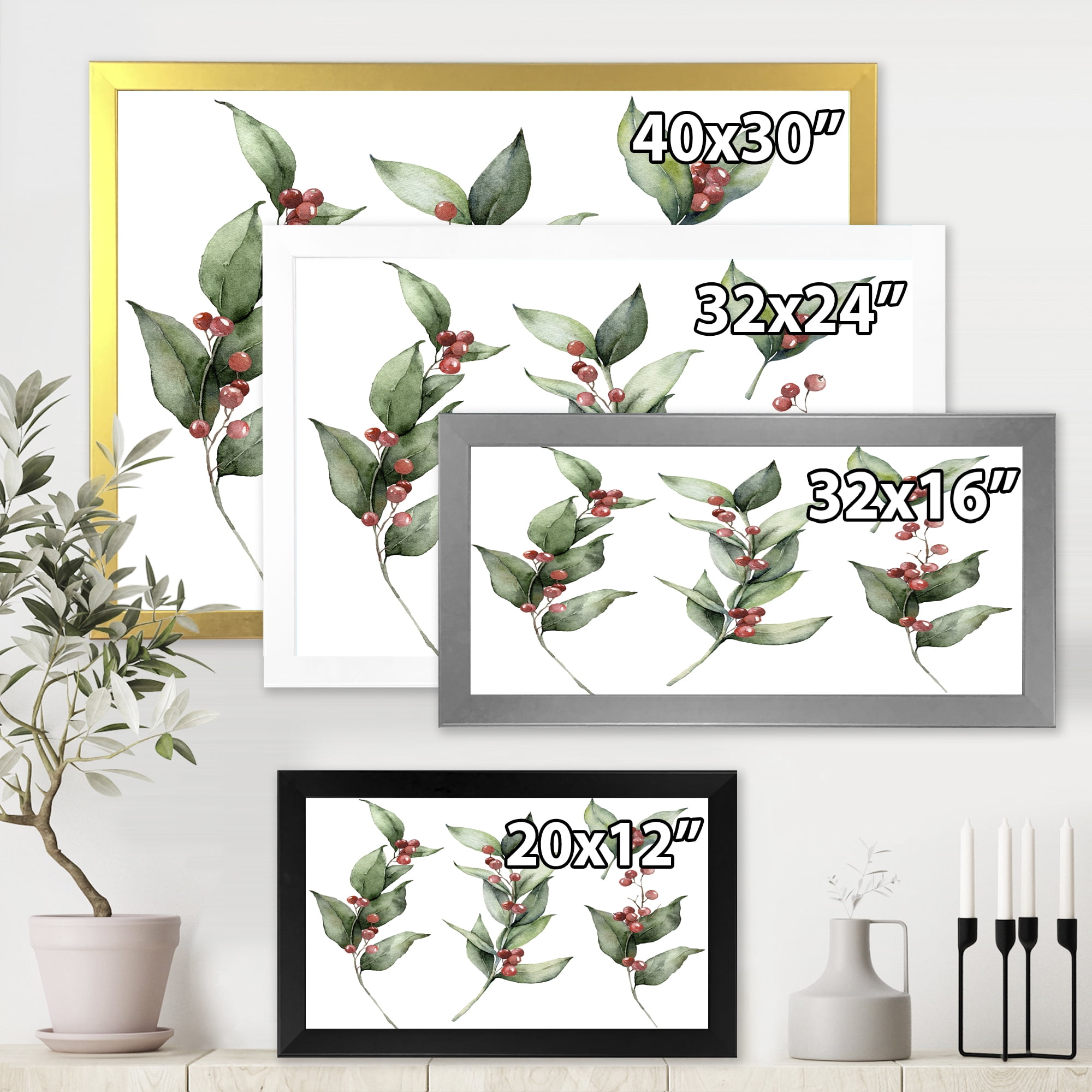 Designart 'Christmas Set Red Berrie With Branches' Traditional Framed Art Print