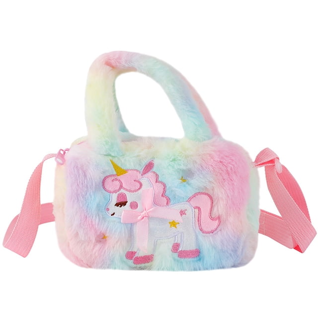 ColoMX Bolso bandolera de felpa de unicornio, bolso bandolera de dibujos animados, bolso adorable de felpa para niños