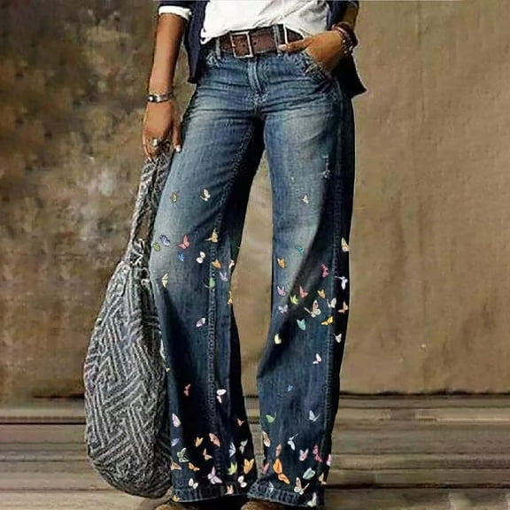 nochalofo Blue Women's Pants, Women's Flare Wide Leg High Waisted Casual Vintage Floral Print Pants Casual Colorful Trouser