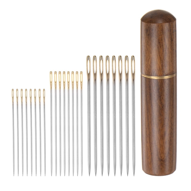 Unique Bargains 24Pcs Large Eye Hand Sewing Needles Gold Tail Needles with Wood Needle Case
