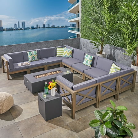 pit outdoor fire sectional sofa piece brava wood dark acacia christopher knight gray cushion finish sofas patio sectionals chairs furniture