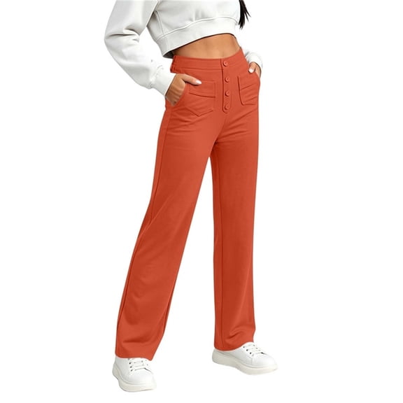 DeHolifer Womens Pants Elastic Waisted Button Solid Color Casual Straight Leg Trousers with Pocket Orange M