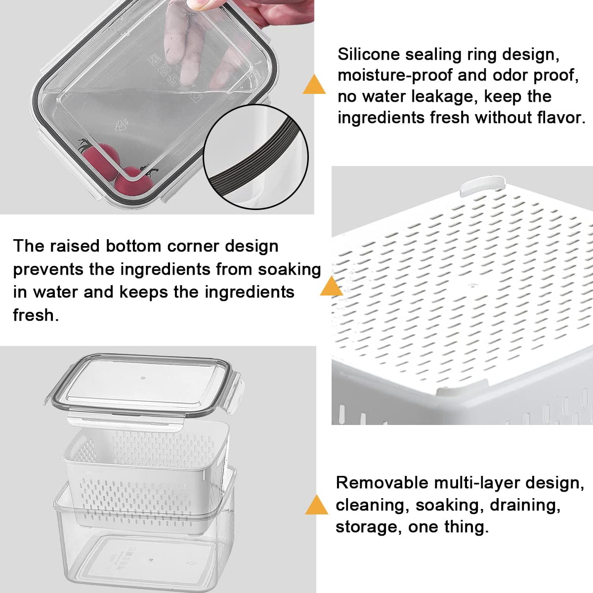 3pack Fridge Food Storage Container Set With Lids Strainer Plastic Fresh Produce Saver Vegetable Fruit Meat Organization  Keepers(3.15l+1.7l+0.8l)