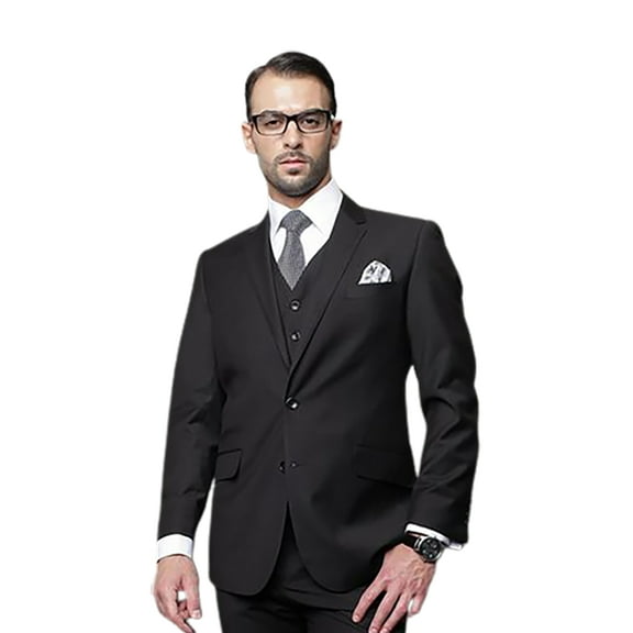 Statement Suits All Wool Mens 3 Piece Regular Fit Black TZ-100 By Alberto Nardoni Brand Designer