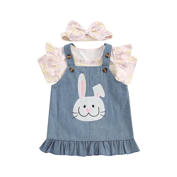 Bagilaanoe 3Pcs Newborn Baby Easter Outfits Girls Overalls Dress Set Print Short Sleeve Romper Tops   Denim Suspender Skirt   Headband 3M 6M 9M 12M 18M Infant Casual Clothes
