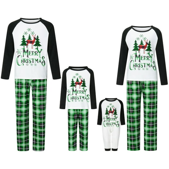 Christmas Family Pajamas Matching Set Christmas Tree Print Long Sleeve Tops and Green Plaid Pants Sleepwear