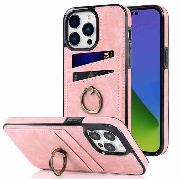 TECH CIRCLE Ring Stand Case for iPhone 14 Pro Max, Shockproof Wallet Back Card Holder PU Leather Slim Fit Folio Protection Cover, Pink