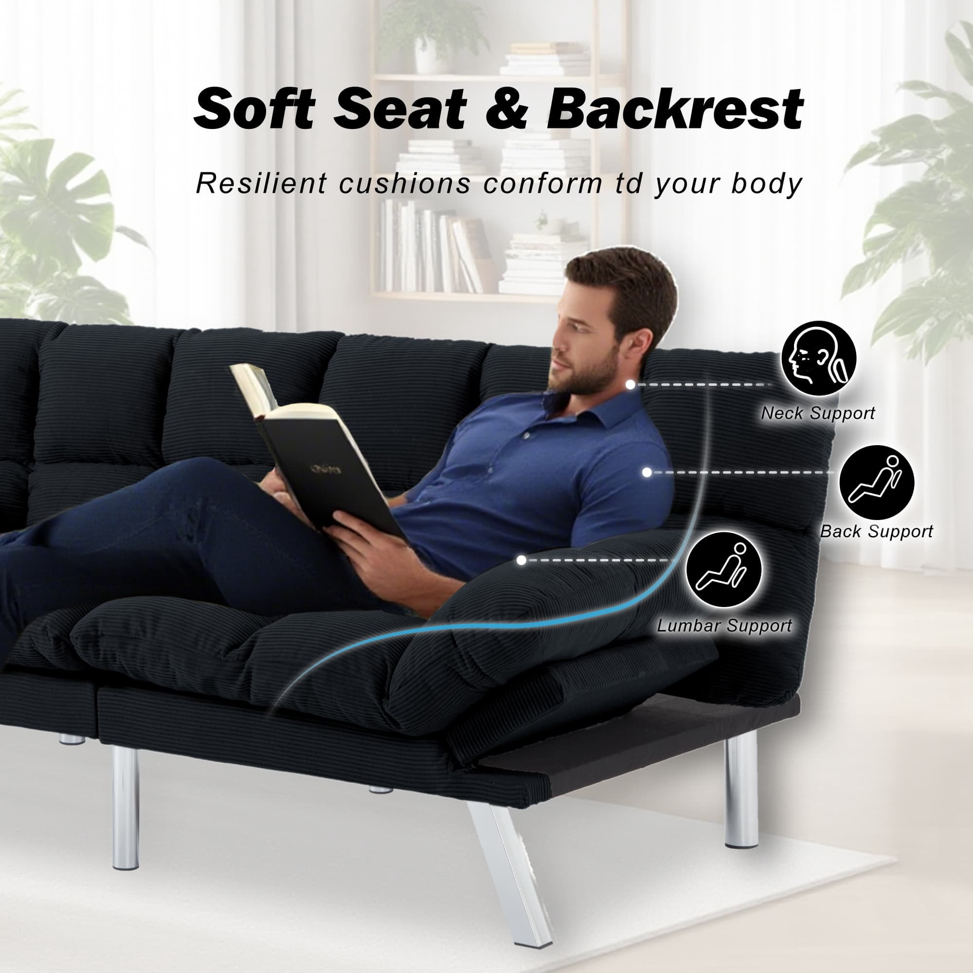 BSHTI Corduroy Futon Sofa Bed, 67.3" 3 in 1 Convertible Sofa Bed with Adjustable Armrests, Split-Back Design, Loveseat Sofabed for Apartment, Living Room, Office(Black)