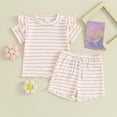 thumbnail image 5 of Douhoow Toddler Girl Summer Stripe Clothes Baby Ruffle Ribbed Short Sleeve T-Shirts + Elastic Waist Shorts, 5 of 9