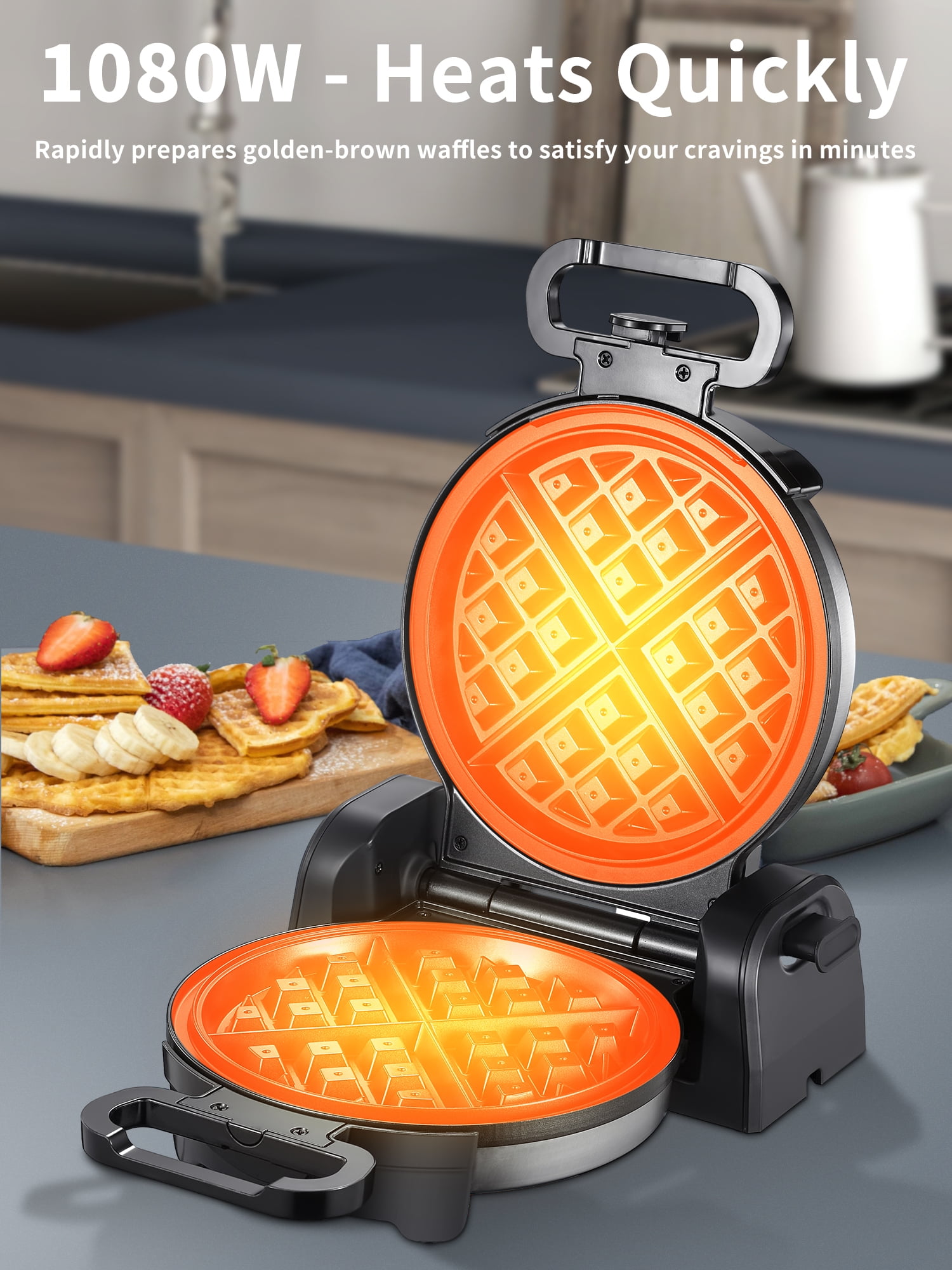 Waffle Maker, Yabano Stainless Steel Flip Belgian Waffle Iron with Non-Stick Surfaces, Save Space Design, 1080W
