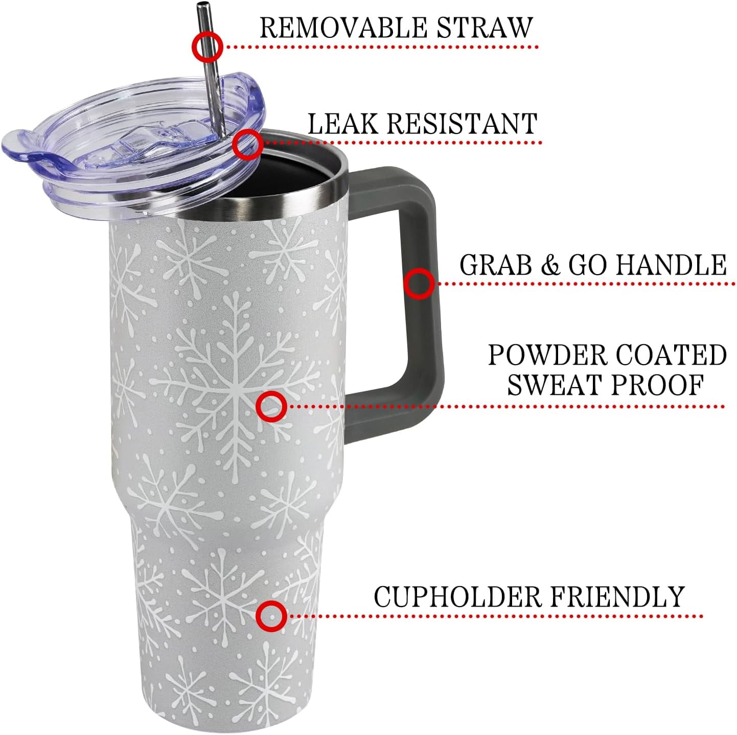 Christmas Tumbler with Handle and Straw Lid 40 oz,Cute Christmas Gifts for Women Gray Snowflakes Vacuum Insulated Leak Proof Tumbler,Winter Holiday Accessories Stainless Steel Coffee Cup Mug