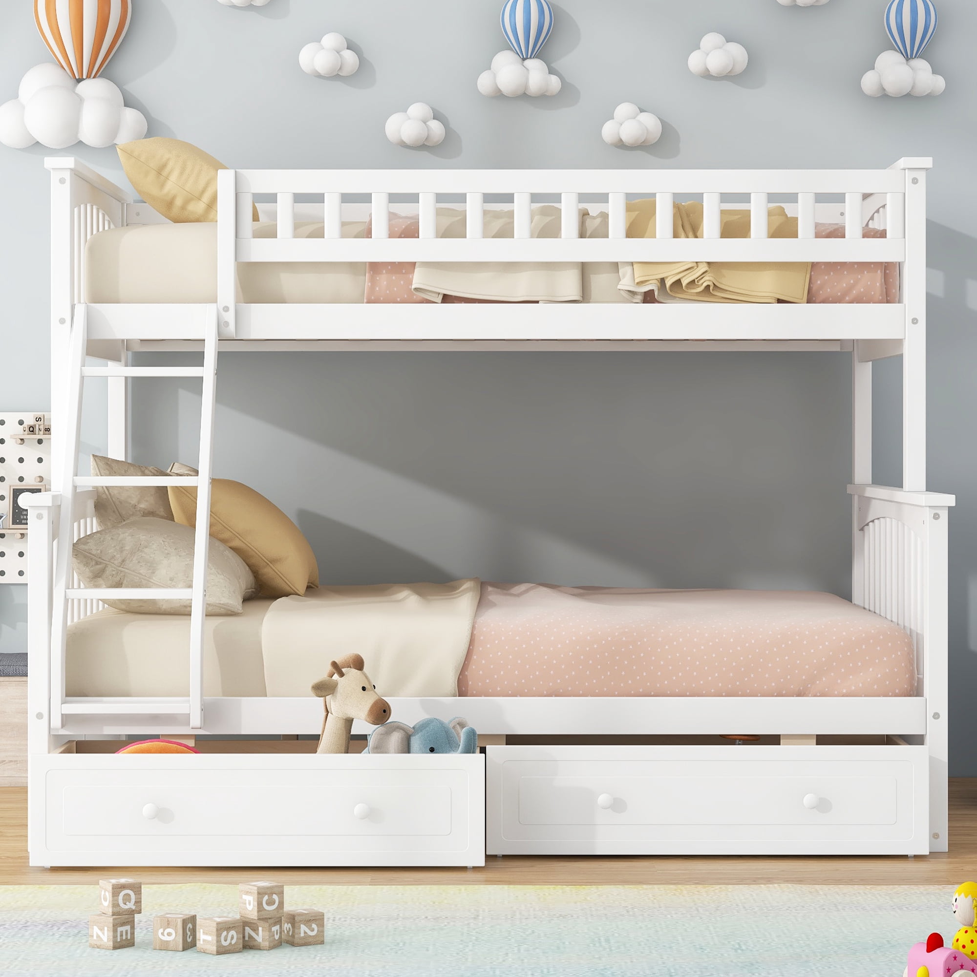 Euroco Wood Twin over Full Bunk Bed with Drawers, Convertible Two Beds in One, White
