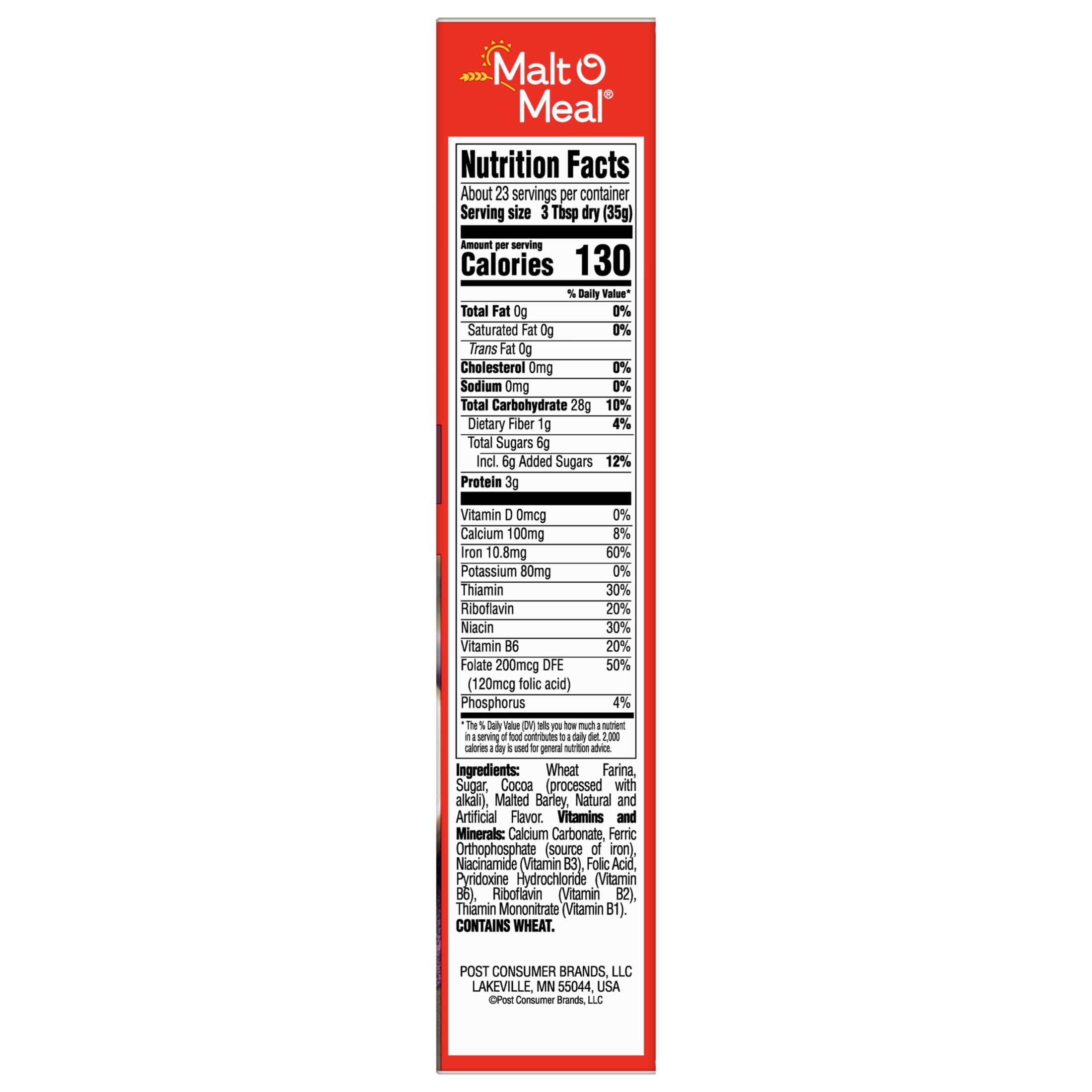 Malt-O-Meal Chocolate Hot Wheat Cereal, Quick Breakfast, Iron & Folate, 28 oz Box
