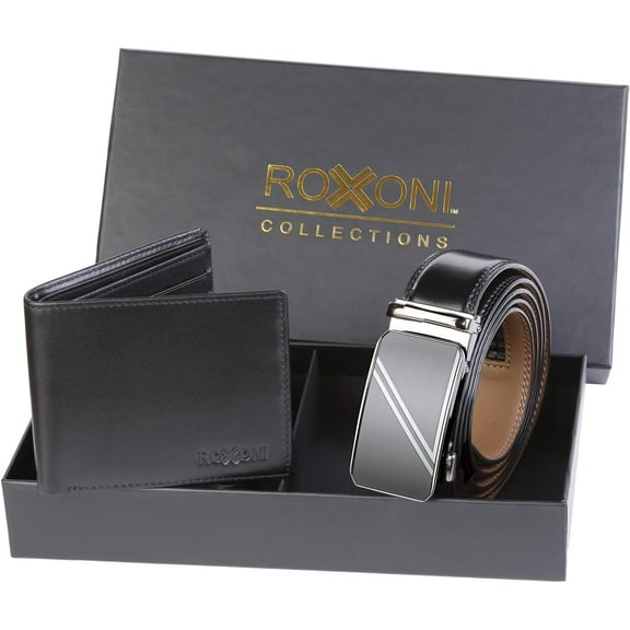 Roxoni Men's Ultra Soft Geniune Leather Rachet Belt and Wallet Gift Box