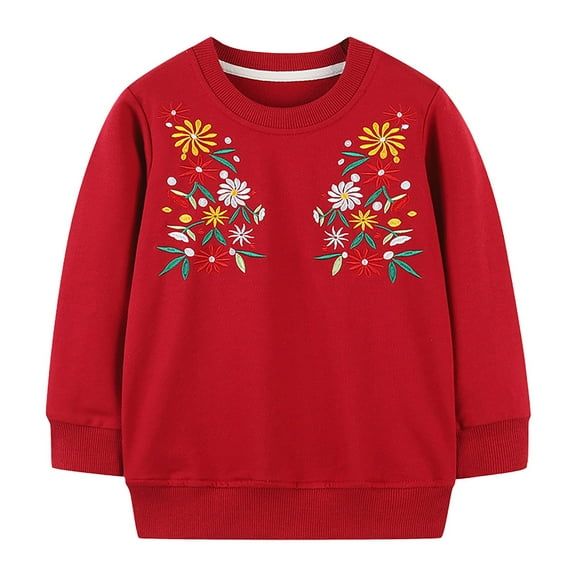 Otqutp Round Neck Tops for Baby Toddler Girls 2024 Pullover Round Neck Long Sleeve Sweatshirt Embroidered Floral Embroidered Flower T Shirt(Red,2 Years)