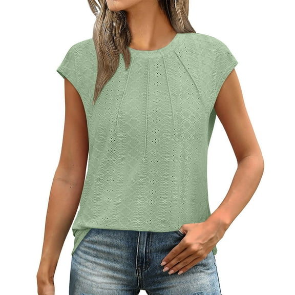 Womens Blouses Summer Casual Cap Short Sleeve Tops Basic Textured Solid Color Round Neck T Shirts Blouse