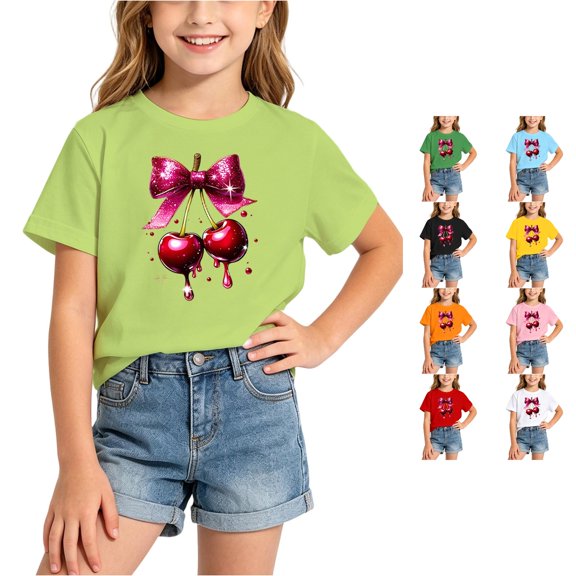 OSOLU Children Girls T-Shirt Short Sleeve Crew Neck Bow Cherry Print Casual Loose Fit Tee Shirts Everyday Wear Summer Beach Tops