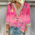 thumbnail image 2 of CYMMPU Spring Tops Lace V Neck Flower Pattern Tunic Tops Boho Blouses for Women Dressy Casual Loose Fit Summer Fashion Shirts 3/4 Sleeve Business Elegant Work Topss Hot Pink L, 2 of 5