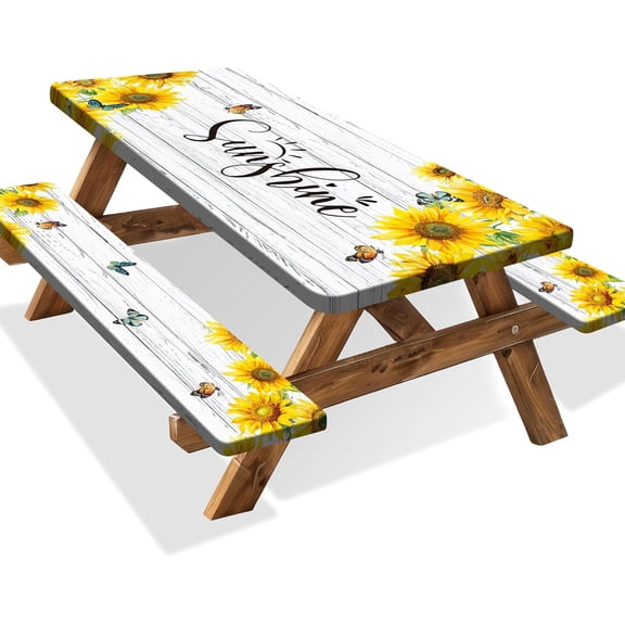 Sunflower Picnic Table Cover with Bench Covers Camping Essentials Wooden Grain Outdoor Table Covers with Elastic Waterproof Fitted Tablecloth for RV Picnic Travel 72x30in