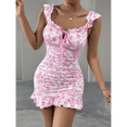 thumbnail image 4 of Women's Floral Print Off Shoulder Milkmaid Dress Ruched Ruffle Hem Bodycon Mini Dress Pink M, 4 of 9