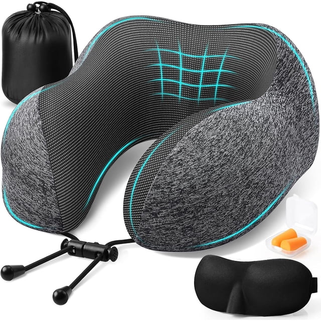 Travel Pillow, Travel Pillows For Sleeping Airplane, Removable Cover Neck Pillow With Adjustable Clasp, Memory Foam Neck Pillow Set With Eye Mask, Ear