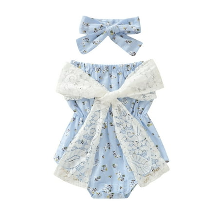 

ZRBYWB Baby Girl Romper Girls Summer Sleeveless Floral Print Lace Bowknot Romper Bodysuit With Headband Spring Clothes