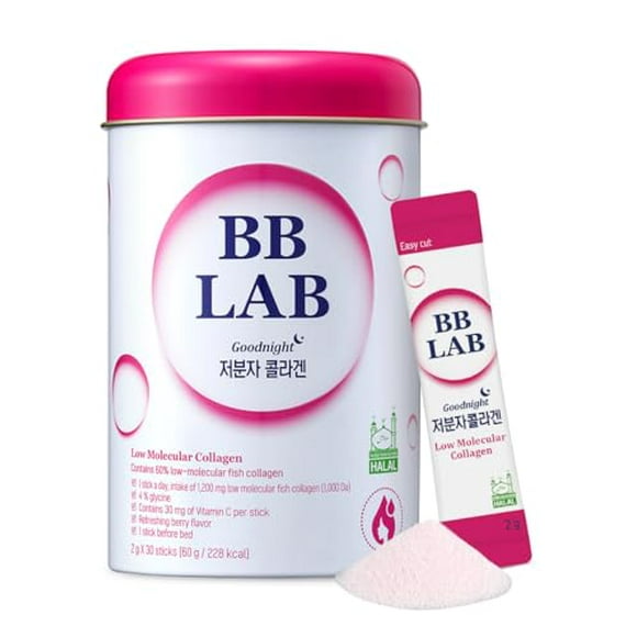 BB LAB Good Night Suplemento en polvo de colágeno de bajo peso molecular, certificado Halal, colágeno marino coreano, péptidos de colágeno de pescado, vitamina C, glicina, absorción rápida, sabor a ba