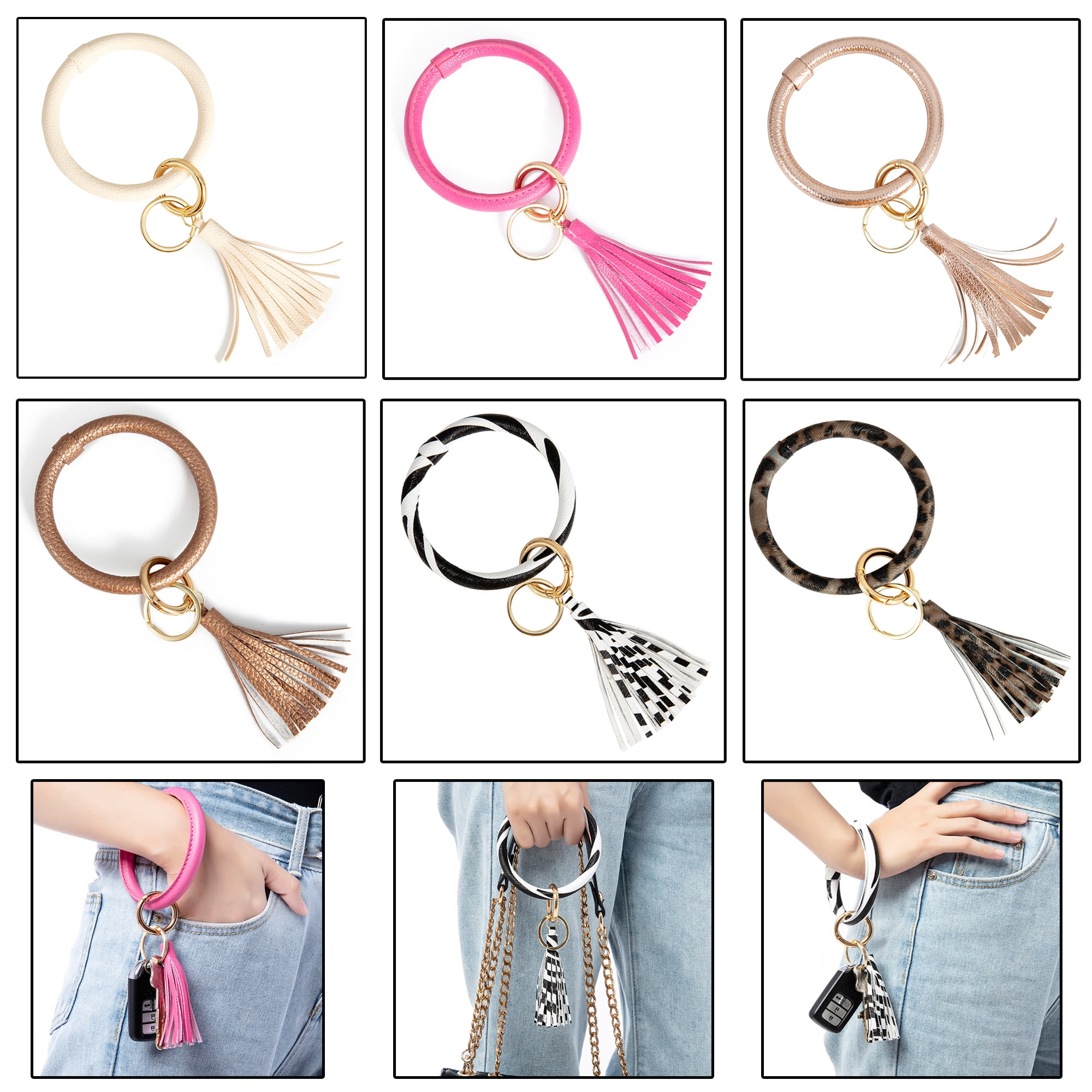 DODOING Women and Girls Leather Wristlet Keychain Bracelet Bangle Round Key  Ring Large Circle Tassel Key Chain Bracelet Holder for Women Girls 