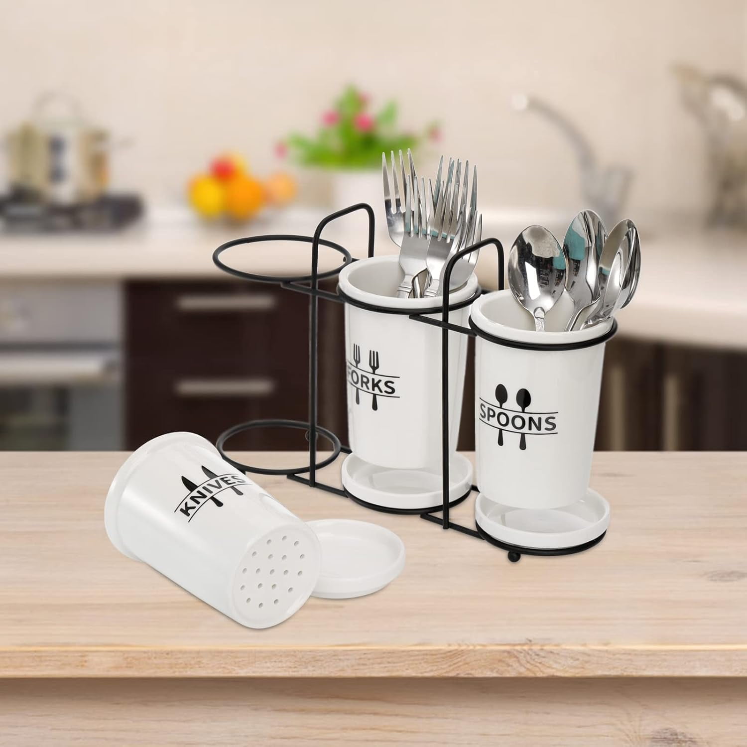 Flatware Holder, 3-Piece Silverware Utensil Holder Ceramic Flatware Caddy with Metal Rack, Flatware Caddy White Ceramic Cutlery Organizer for Forks, Spoons, Knives$$Home Decor, Kitchen, & Other
