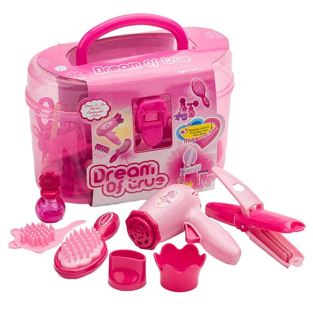 Kids Beauty Salon Set Toys Little Girl Makeup Kit Pretend Play Hair Station  with Case, Hairdryer, Brush,Mirror & Styling(17pcs) Toy for little girl 1