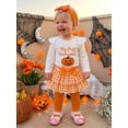 thumbnail image 3 of RUINIXCW Newborn Baby Girl My First Halloween Outfit Infant Girl Fall Winter Clothes Pumpkin Embroidery Long Sleeve Romper Plaid Skirt Headband Socks, 3 of 10