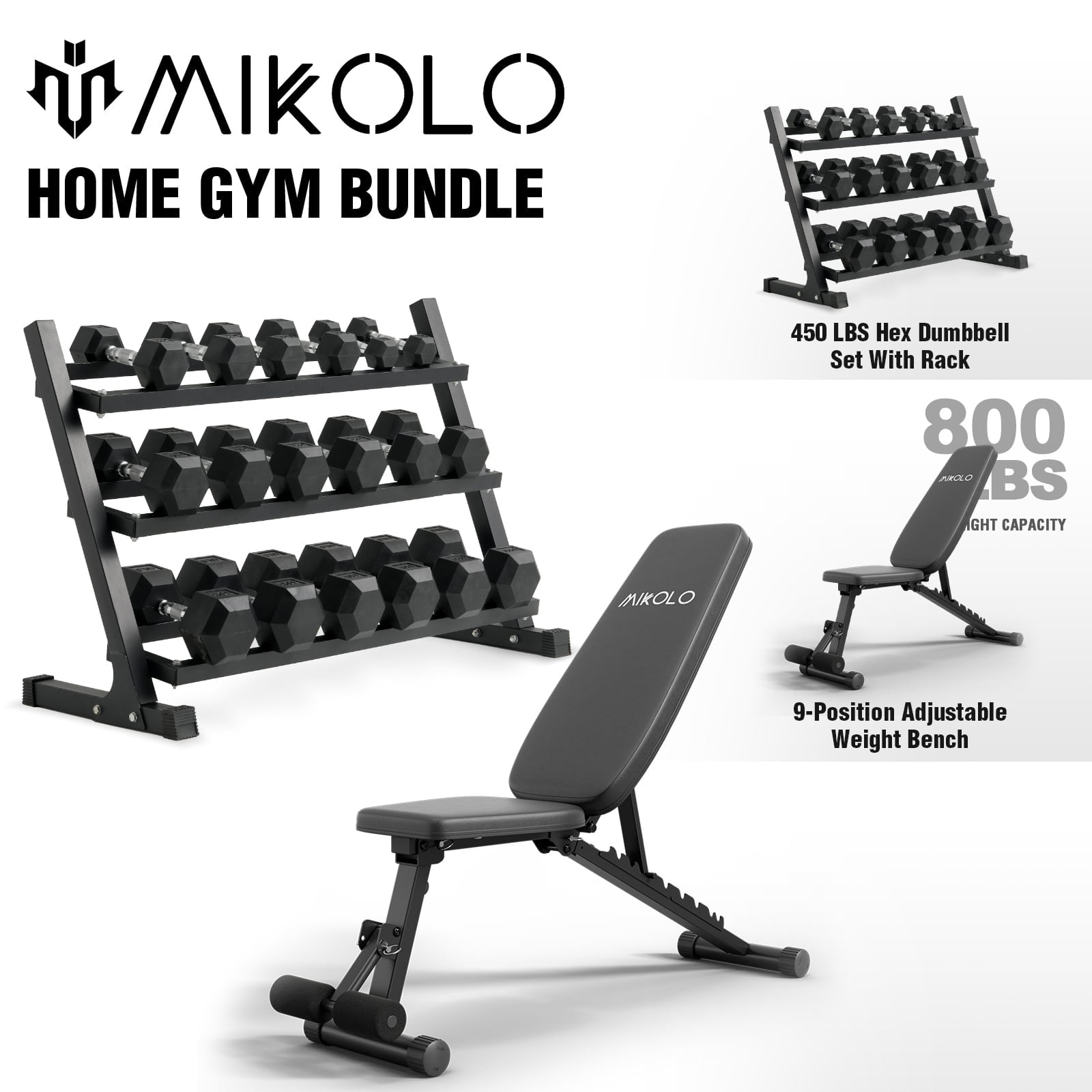 Mikolo Rubber Hex Dumbbell Set with Racks and 9 Postion Adjustable Weighted Bench, Options in 450lbs, Strength Training Weight Set Home Gym