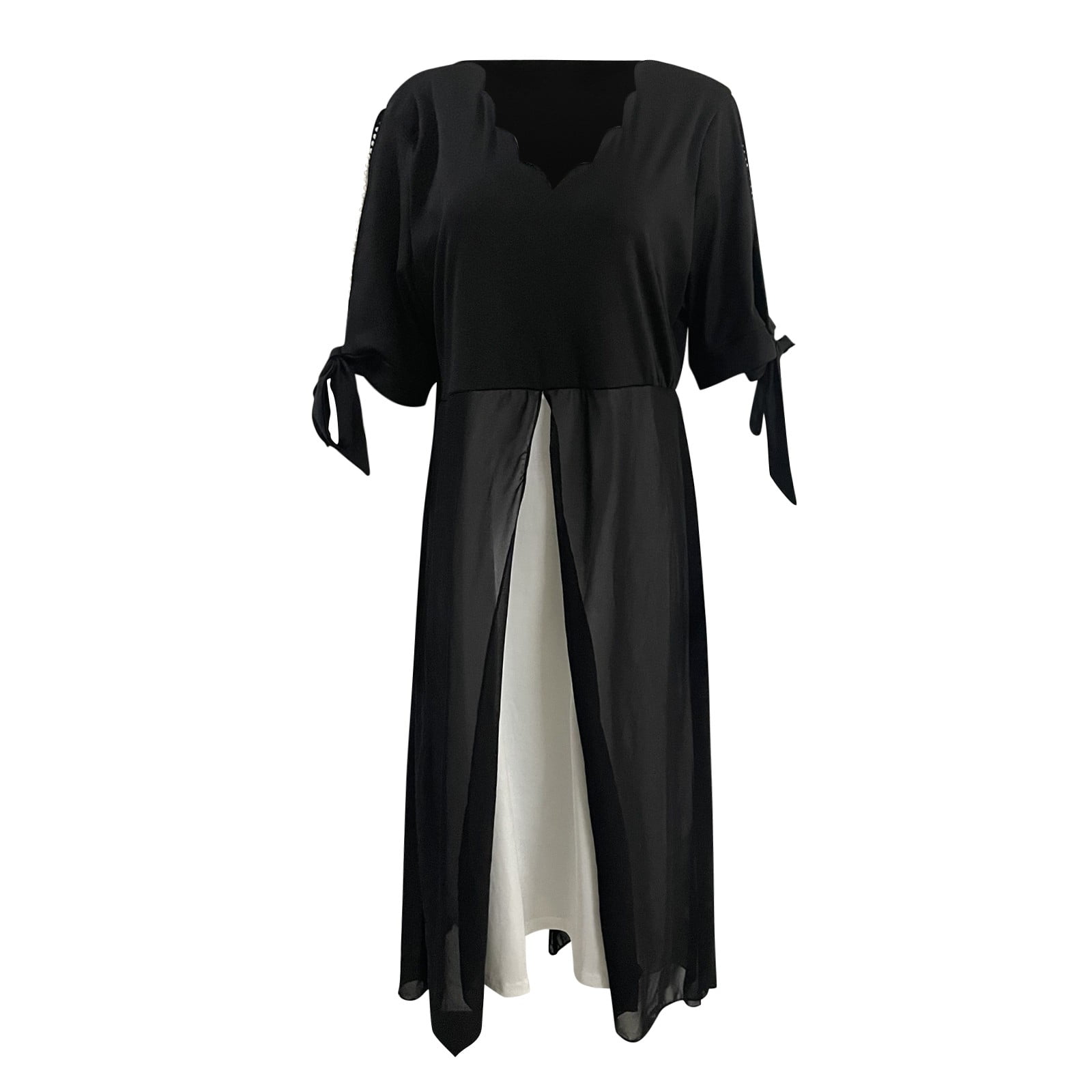 Steady Women Plus Size 3/4 Sleeves V Neck Chiffon Panel Contrast Cocktail Semi Formal Play Dress Bodycon Maxi Dress,Black/2XL