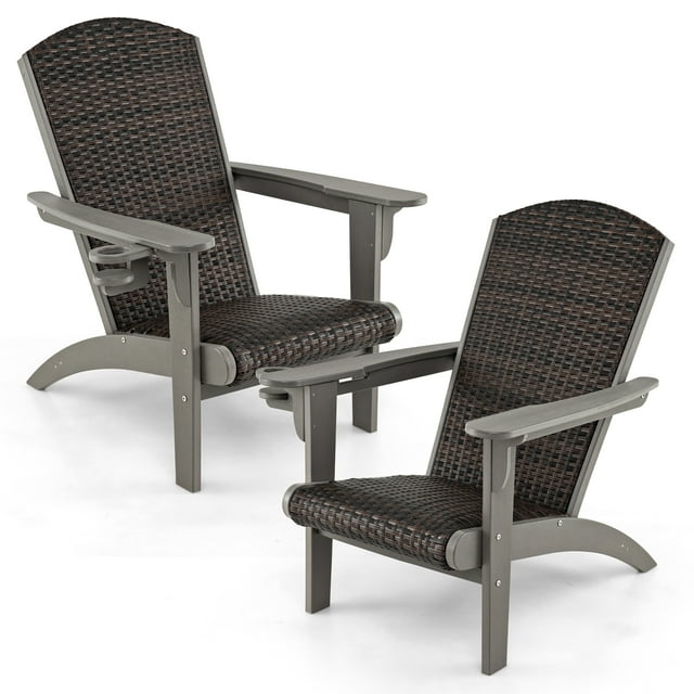 Gymax Set of 2 Adirondack Chair w/ Rattan Padded Seat & Back Wide Hidden Cupholder Patio Gray