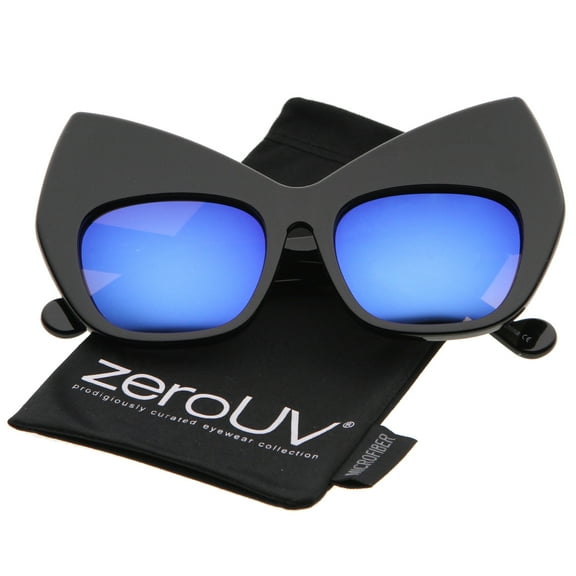 zeroUV Female Chunky Frame Colored Mirror Square Lens Oversized Cat Eye Sunglasses (Black / Blue Mirror) - 54mm