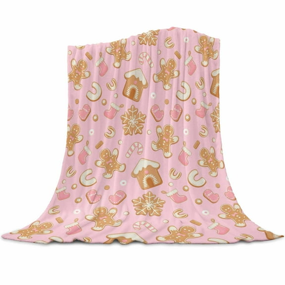Christmas Flannel Blanket for Bed,Travel and Camping, Pink Gingerbread Man Cookie House Candy Cane Snow Super Soft Cozy Blanket for All Seasons 40"x50"