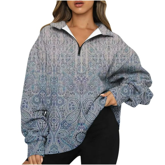 Penkiiy Womens Tops Fashion Women Casual Printing Lapel Neck Long Sleeve Loose T-Shirt Blouse Pullover Tops Gray Y2K Clothes