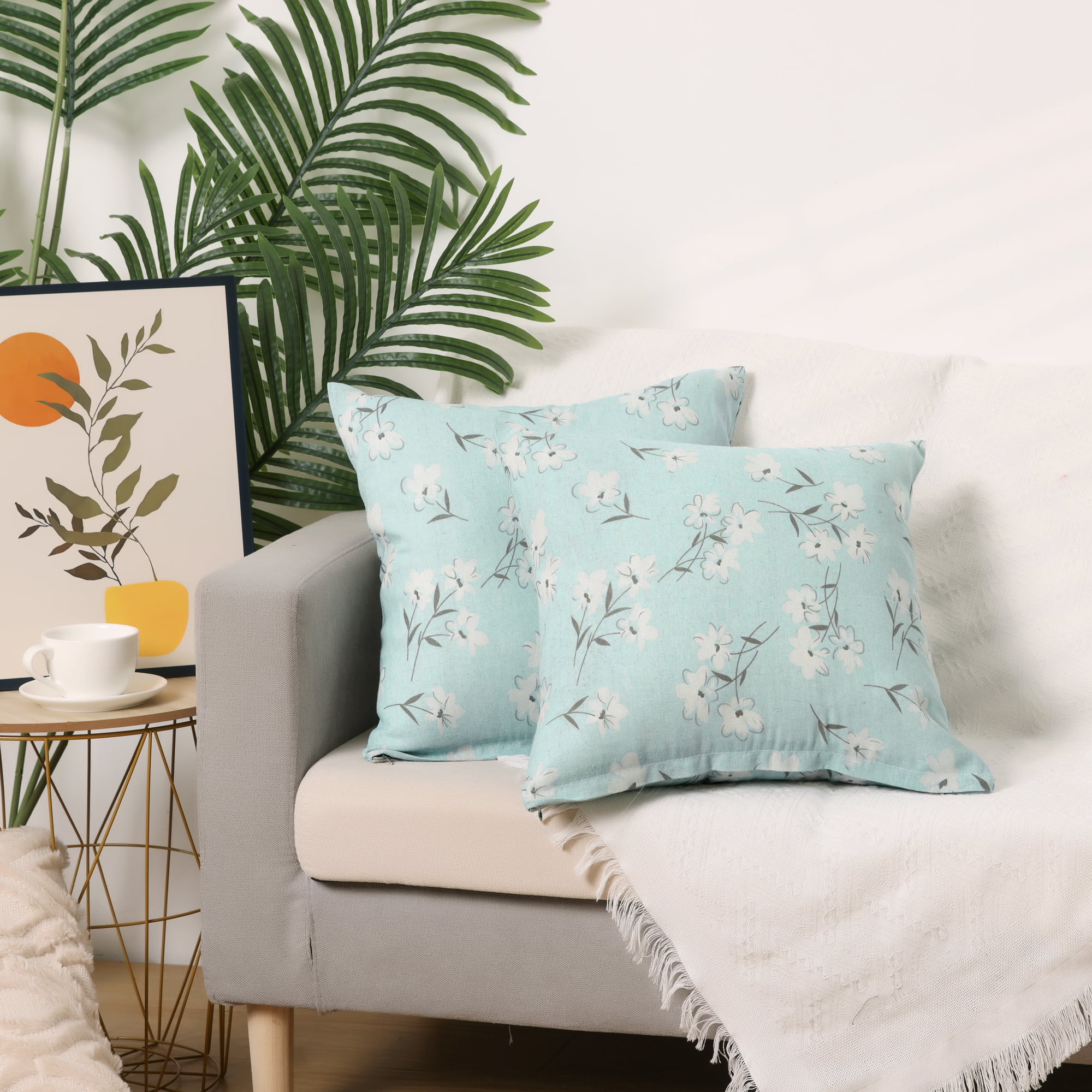 Unique Bargains Cute Pattern Throw Pillow Covers 4 Pcs Spandex Pillowcases For Home Sofa Magnolia/Small Green Leaves 16" x 16"