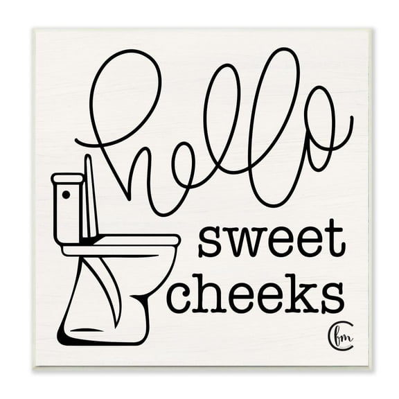 The Stupell Home Decor Collection Toilet Hello Sweet Cheeks Black and White Curly Script Cursive Typography Wall Plaque Art