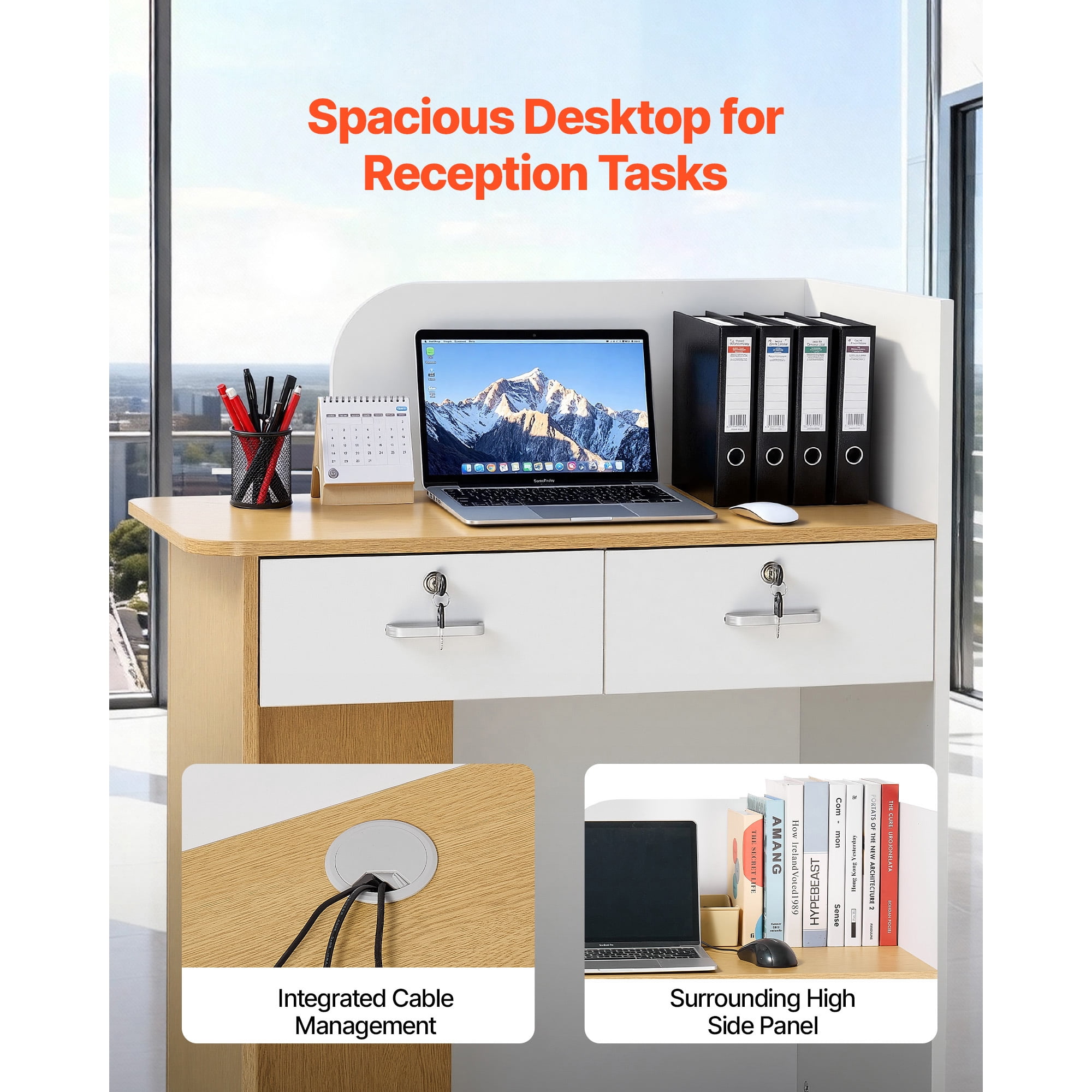 KFFKFF Reception Desk, 31.5-Inch Rectangular Front Counter Table, Modern Office Desk with LED Lighting, 2 Storage Drawers & Power Outlets, Counter Table for Checkout, Lobby, Salon, or Office Use