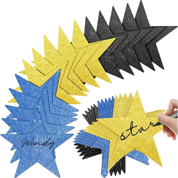 100 Pieces Glitter Star Confetti Paper Star Cutouts Star Decor for Graduation Birthday Wedding Party Bulletin Board Classroom Wall Table Decoration Supplies, 6 Inch in Diameter (Blue, Gold, Black)