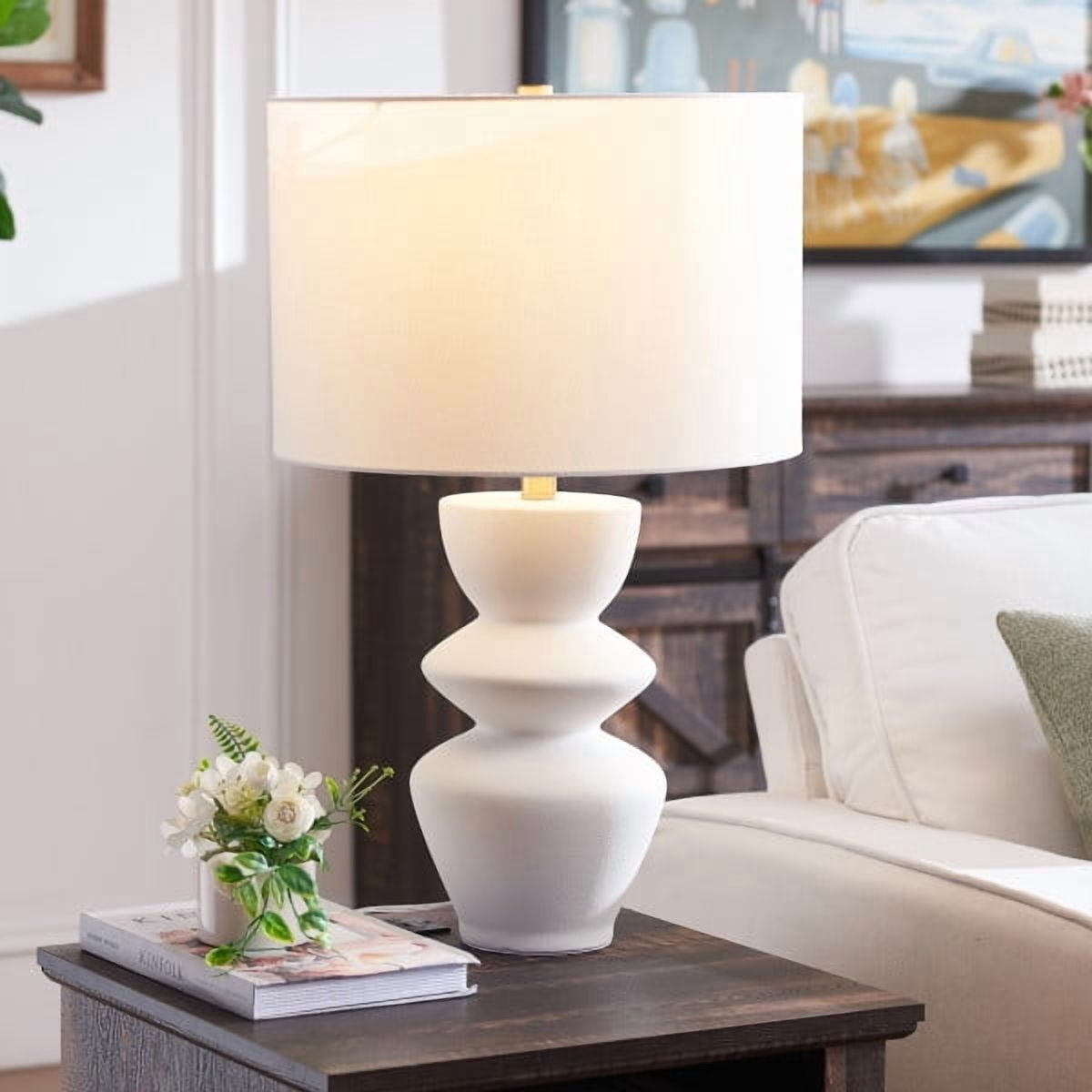Cassian 25" Tall Table Lamp with Fabric Shade in Matte White/Brass/White
