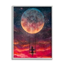 Stupell Industries Person Swinging From Moon Nature Painting Gray Framed Art Print Wall Art, 11 x 14