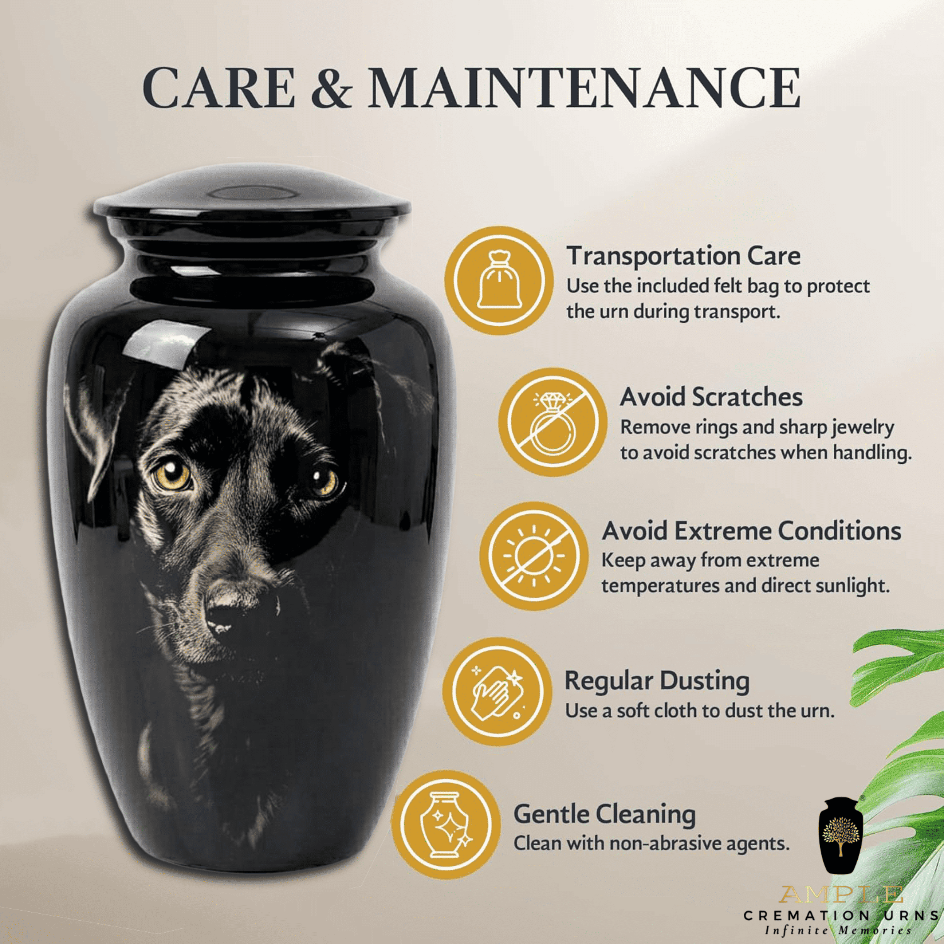 Black Dog Cremation Urn for Pet Ashes – Glossy Aluminum Memorial Urn Realistic Portrait