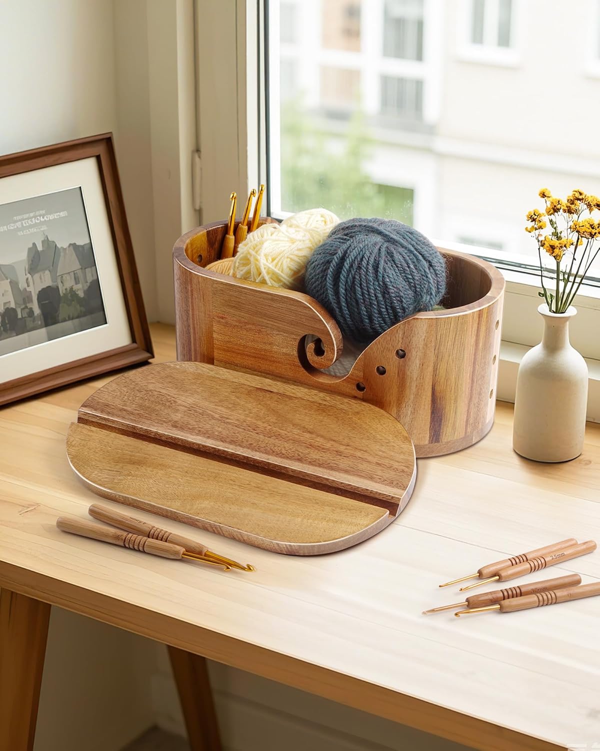 DoubleFill Oval Wooden Yarn Bowls for Knitting, Acacia Crochet Yarn Holder with 9pcs Hooks and Lid Crochet Knitting Storage Bowl for Knitters Gift Craft, 11.2" x 6.1"x 4.8"