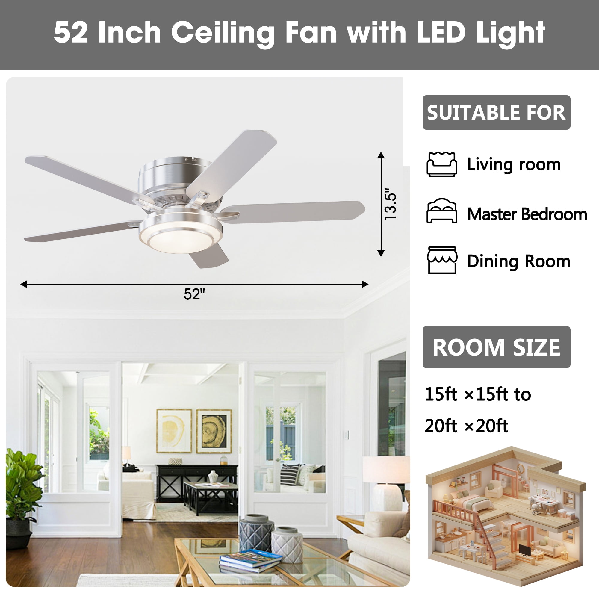 52" Modern Brushed Nickel Flush Mount Smart Ceiling Fan with Dimmable LED Light and Remote