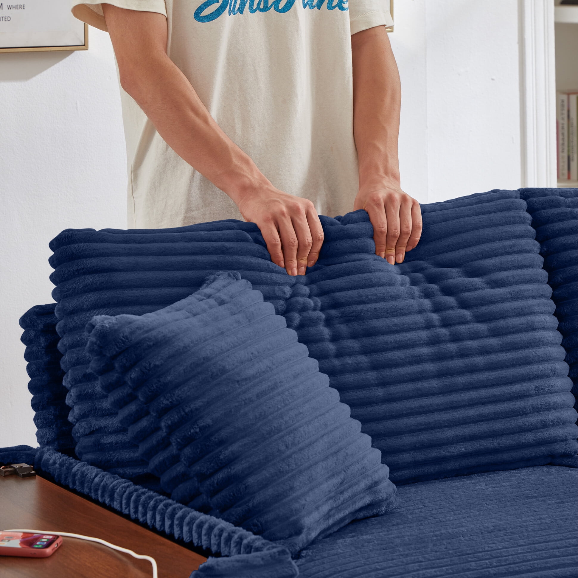 68" Double Chaise Lounges Indoor, Chenille Upholstered Loveseat Sofa Bed with Charging Station, Hidden Table Armrests and Storage Ottomans for Living Room, Blue